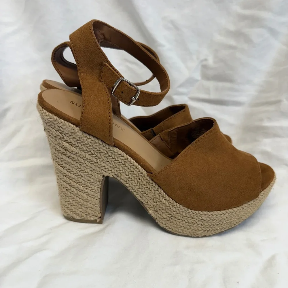 Sun + Stone Fey Tan Brown Espadrille Platform‎ Block Heel Sandals Womens 10M